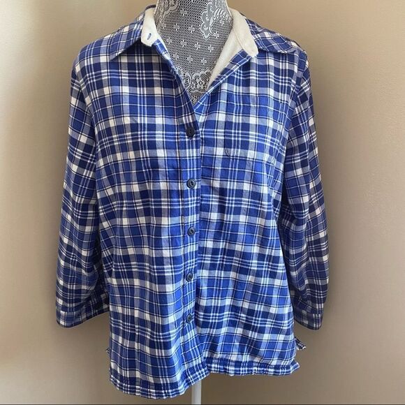 L.L. Bean Fleece-Lined Flannel - Blue and White Plaid Sz Large - Picture 1 of 8